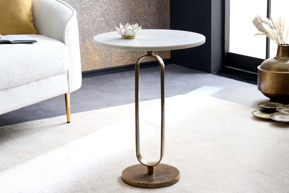 Ronde bijzettafel ELEGANCE 60cm witgoud antiek marmer metaal aluminium handgemaakt - 43612