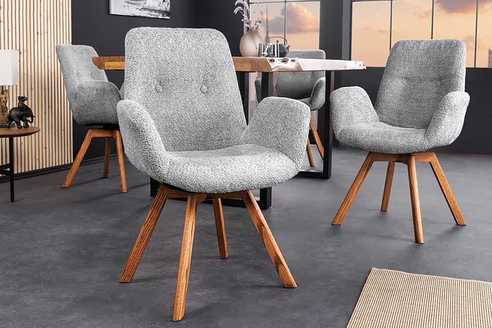 Draaibare design stoel BALTIC grijs Boucle naturel eiken massief houten poten met armleuning - 44200