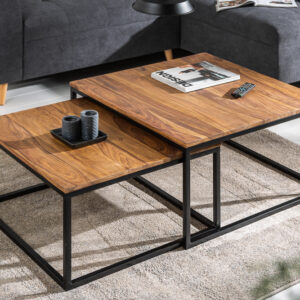 Set van 2 salontafels ELEMENTS 65cm naturel sheesham massief hout steenafwerking ijzer zwart - 43711