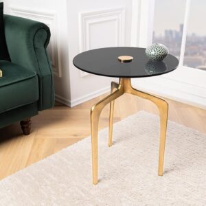 Ronde bijzettafel ABSTRACT 60cm messing goud metalen poten zwart glas handgemaakt - 43495