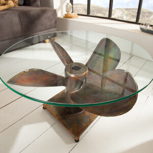 Maritieme salontafel OCEAN M 60cm gevlamd koper rond scheepspropeller glazen blad - 39255