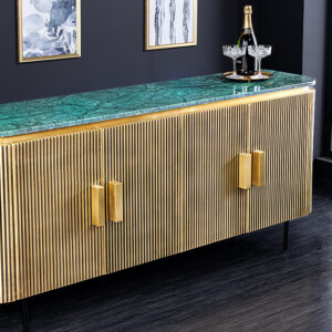 Design dressoir VENEZIANO 160cm messing groen marmeren blad mangohout retro - 43350