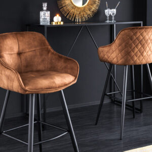 Design barkruk EUPHORIA bruin fluweel zwart metalen poten barstoel met rugleuning - 43689
