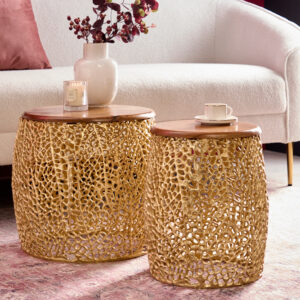 Set van 2 filigrane design salontafels ABSTRACT LEAF goud acaciahout handgemaakt metaal rond - 43225