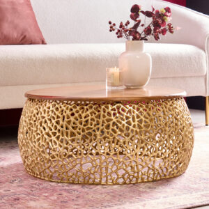 Ronde salontafel ABSTRACT LEAF 75cm goud metaal acaciahout filigraan handgemaakt - 43228