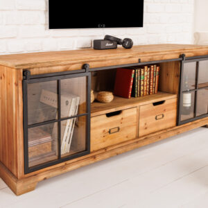 Massief dressoir HERITAGE 160 cm naturel grenen industrieele deuren metalen vitrinekast - 40882