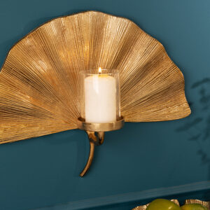 Decoratieve kandelaar GINKGO 44cm goud handgemaakt metalen theelichtje voor aan de muur - 41781