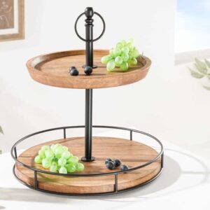 Massief houten taartplateau PURE NATURE 40cm mango rond met twee niveaus zwart metaal - 41606