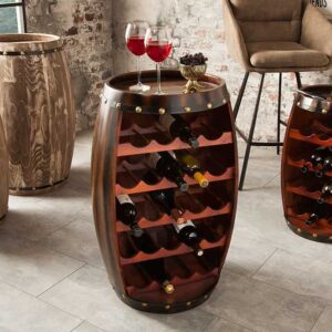 Massief wijnrek BODEGA 80cm koffiebruin grenen vat bartafel voor 23 flessen - 38961