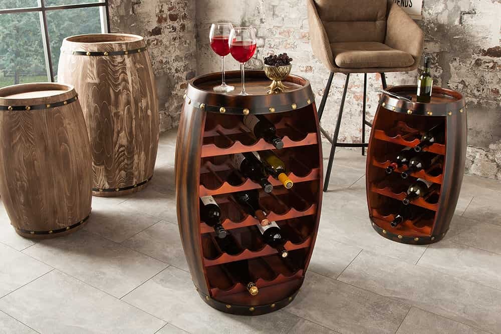 Massief wijnrek BODEGA 80cm koffiebruin grenen vat bartafel voor 23 flessen - 38961