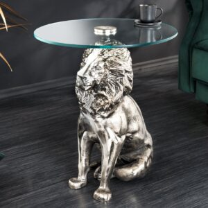Ronde bijzettafel WILDLIFE LION 60cm Zilver Antiek Metaal Glas Leeuw Sculptuur - 44826