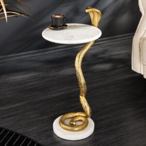 Ronde bijzettafel WILDLIFE COBRA 65cm goud wit marmer slang sculptuur handgemaakt - 44830