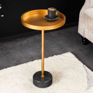 Ronde bijzettafel TRAYFUL 60cm goud ijzer zwart marmeren voet handgemaakt - 44850