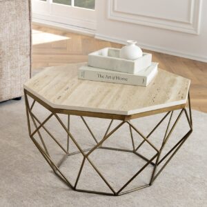 Handgemaakte salontafel DIAMOND 70cm beige travertijn messing ijzer - 45204