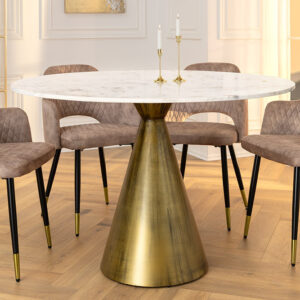 Ronde eettafel ELEGANCIA 100cm messing wit marmer ijzer met zuilvoet - 44859
