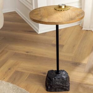 Ronde bijzettafel TRAYFUL 55cm Natuurlijk Mango Hout Massief Hout Marmer Voet Metaal Zwart - 43499