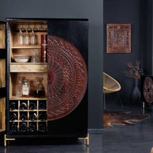 Massieve XXL barkast MANDALA 140 cm mangohout zwart goud metalen frame snijwerk - 41106