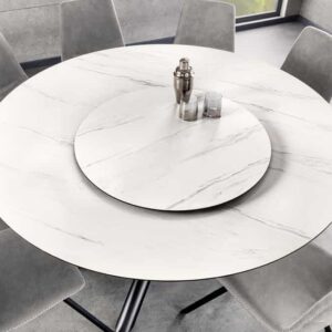 Ronde eettafel SPIN 150cm wit met 360° draaibaar serveerbord marmer keramiek zwart - 44225