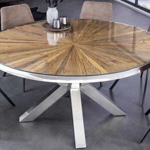 Ronde eettafel BARRACUDA 120cm bruin teakhout massief hout glazen blad zilver RVS verchroomd - 43622