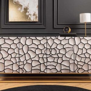 Massief houten dressoir VULCANO 180cm wit zwart mangohout met 3D houtsnijwerk handgemaakt metalen frame goud - 44646
