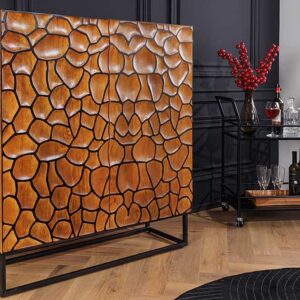 Massief houten highboard VULCANO 120cm bruin mangohout met 3D houtsnijwerk handgemaakt metalen frame zwart - 44650