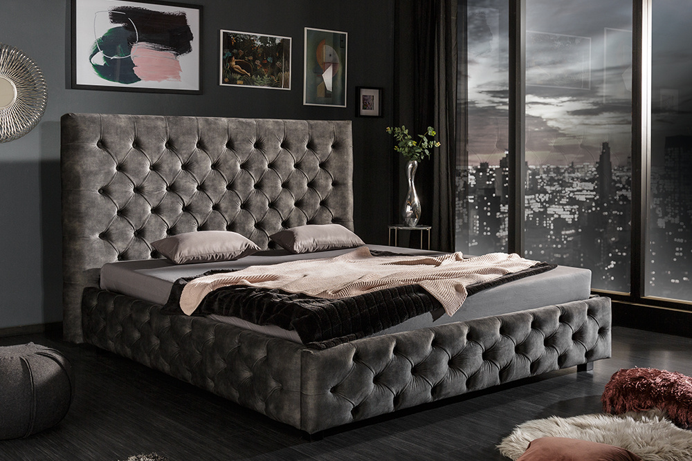 Design tweepersoonsbed PARIS 160x200cm grijs fluweel Chesterfield gestoffeerd bed - 43537