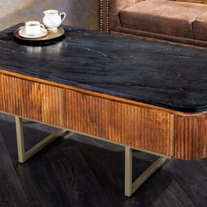 Design salontafel GATSBY 110cm massief mangohout marmeren blad retro met lades goud - 43338