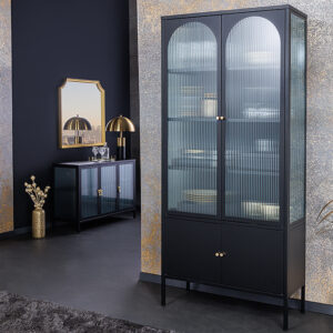 Moderne vitrinekast PARIS 180 cm zwart goud dammen glazen metalen highboard kast - 43330
