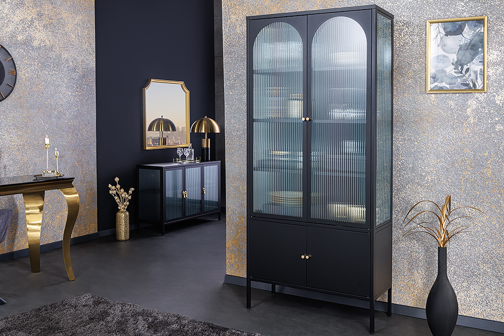Moderne vitrinekast PARIS 180 cm zwart goud dammen glazen metalen highboard kast - 43330
