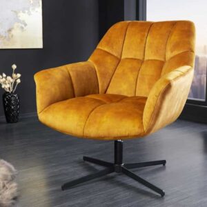 Draaifauteuil PAPILLON mosterdgeel fluweel zwart metaal in hoogte verstelbaar met armleuning - 44228