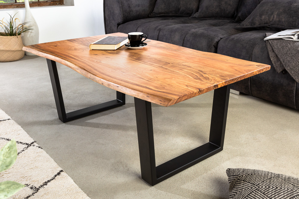 Massief houten salontafel MAMMUT 120 cm Acacia naturel V-frame zwart 2,5 cm tafelblad - 41655