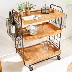 Massief houten serveerwagen SEVEN SEAS 80cm natuurlijke keukentrolley metaal met zwenkwielen - 43922