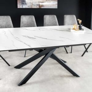 Uitschuifbare eettafel ALPINE 160-200cm wit keramiek marmer zwart metalen frame - 43844