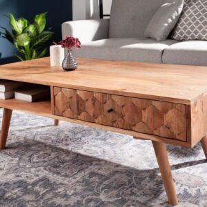 Massief houten salontafel MYSTIC LIVING 100cm naturel acacia met opbergruimte lades opbergvak - 43714