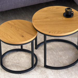Ronde bijzettafels set van 2 ELEGANCE 45cm natuurlijk wild eiken design hout zwart metalen frame - 43643