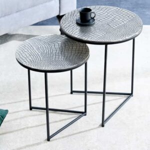 Ronde set van 2 bijzettafels ELEMENTS 40cm zilver antiek krokodillenmotief handgemaakt - 43494