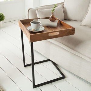 Design bijzettafel CIANO 40cm massief acaciahout zwarte dienbladtafel - 39518