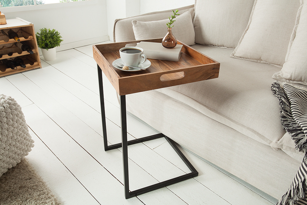 Design bijzettafel CIANO 40cm massief acaciahout zwarte dienbladtafel - 39518