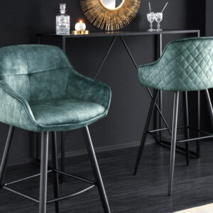 Design barkruk EUPHORIA petrol fluweel zwart metalen poten barstoel met rugleuning - 43691