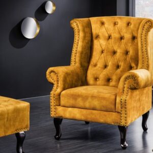 Design vleugelfauteuil CHESTERFIELD 85cm mosterdgeel fluweel knoopstiksel veerkern - 41444