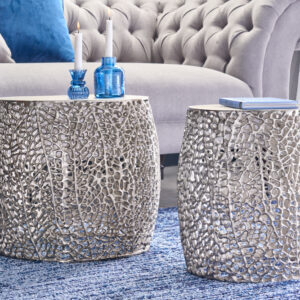 Set van 2 filigrane design salontafels ABSTRACT LEAF antiek zilver handgemaakt rond - 43226