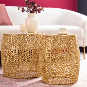 Set van 2 filigrane design salontafels ABSTRACT LEAF goud handgemaakt metaal rond - 43224