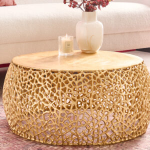 Ronde salontafel ABSTRACT BLAD 75cm goudkleurig metaal filigraan handgemaakt vintage design - 43227