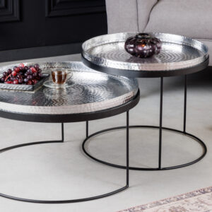 Set van 2 ronde salontafels ELEMENTS 60cm zilverzwart metalen dienblad bijzettafel - 42729
