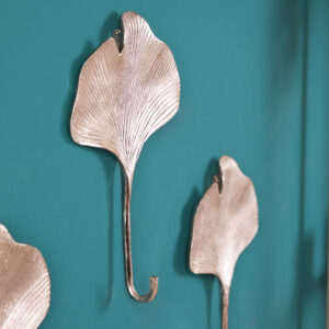 Decoratieve kapstokhaak set van 3 GINKGO 30cm zilver handgemaakt metaal - 41784