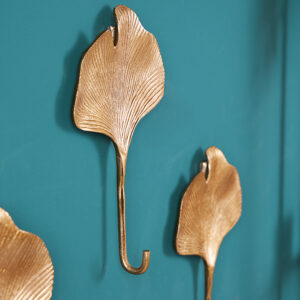 Decoratieve kapstokhaak set van 3 GINKGO 30cm goud handgemaakt metaal - 41783
