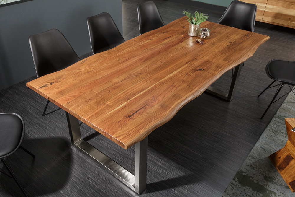 Massief houten eettafel MAMMUT NATURE 180cm acacia roestvrijstalen boomrand 3,5cm tafelblad - 39999