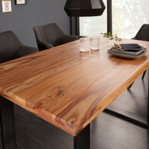 Massief houten eettafel IRON CRAFT 140cm naturel zwarte Sheesham steenafwerking Industrieel Design - 39867
