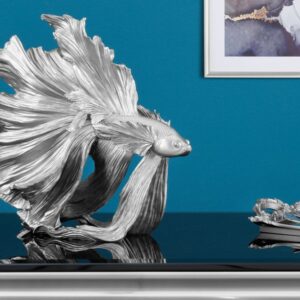 Design decoratief figuur vechtende vis CROWNTAIL 35cm zilveren Betta vissculptuur - 43175