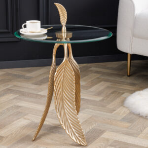 Extravagante bijzettafel FEATHER 65cm goud glazen blad handgemaakt rond - 42720